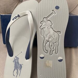 Polo Ralph Lauren Men Slip On Flip Flop Sandals Bolt Navy Grey Size 13D